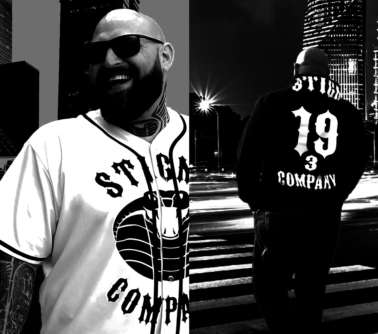 Schwarz-weißes Split-Motiv mit zwei urbanen Szenen: Links ein bärtiger Mann mit Sonnenbrille, der lachend ein weißes Stigma-Company-Shirt mit Schlangenlogo trägt; rechts derselbe Mann von hinten in schwarzer Jacke mit großem ›19 Stigma Company‹-Print, stehend auf einer nächtlichen Straße vor beleuchteter Skyline.
